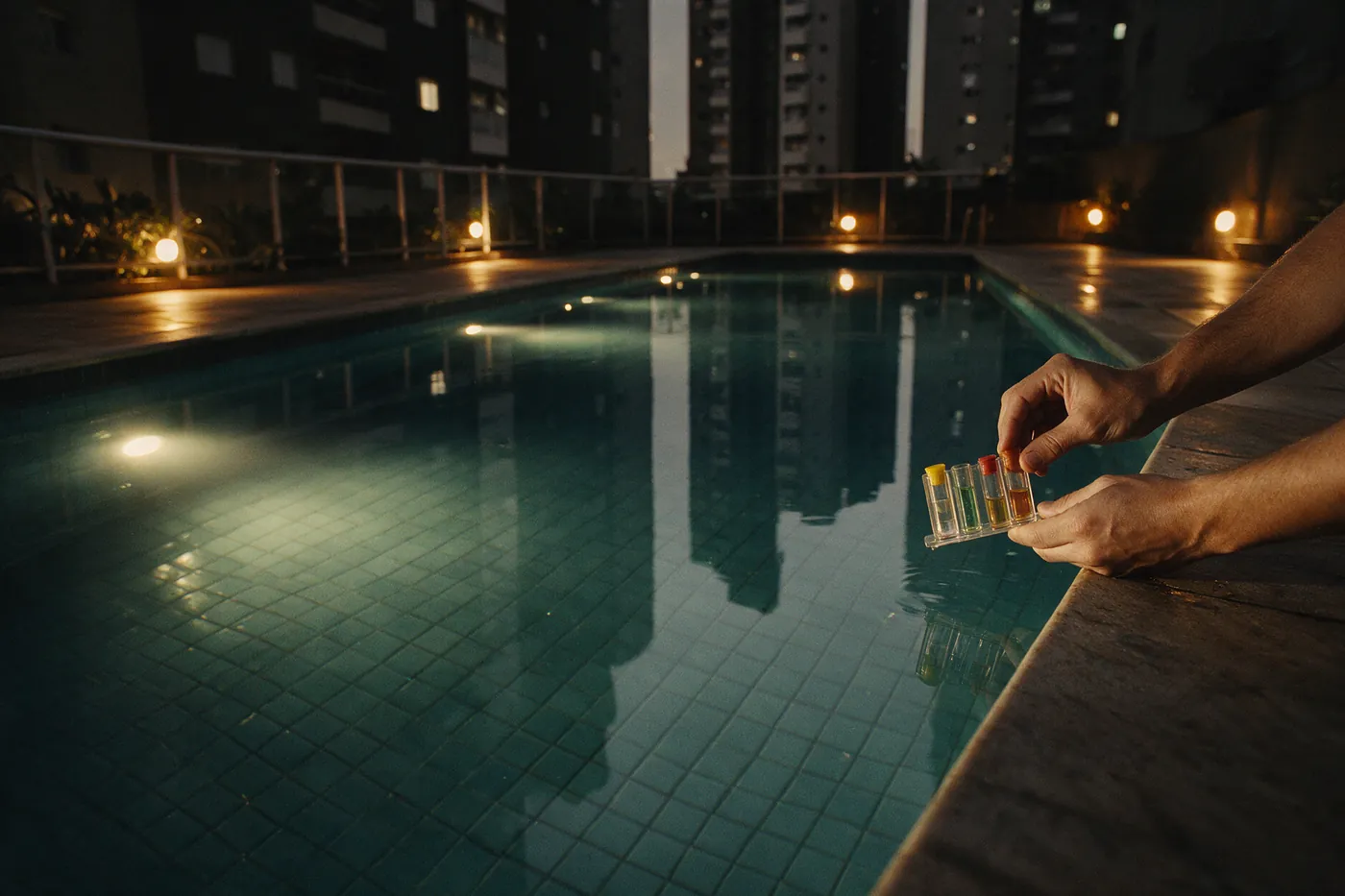 Piscina de condomínio à noite com teste de qualidade da água
